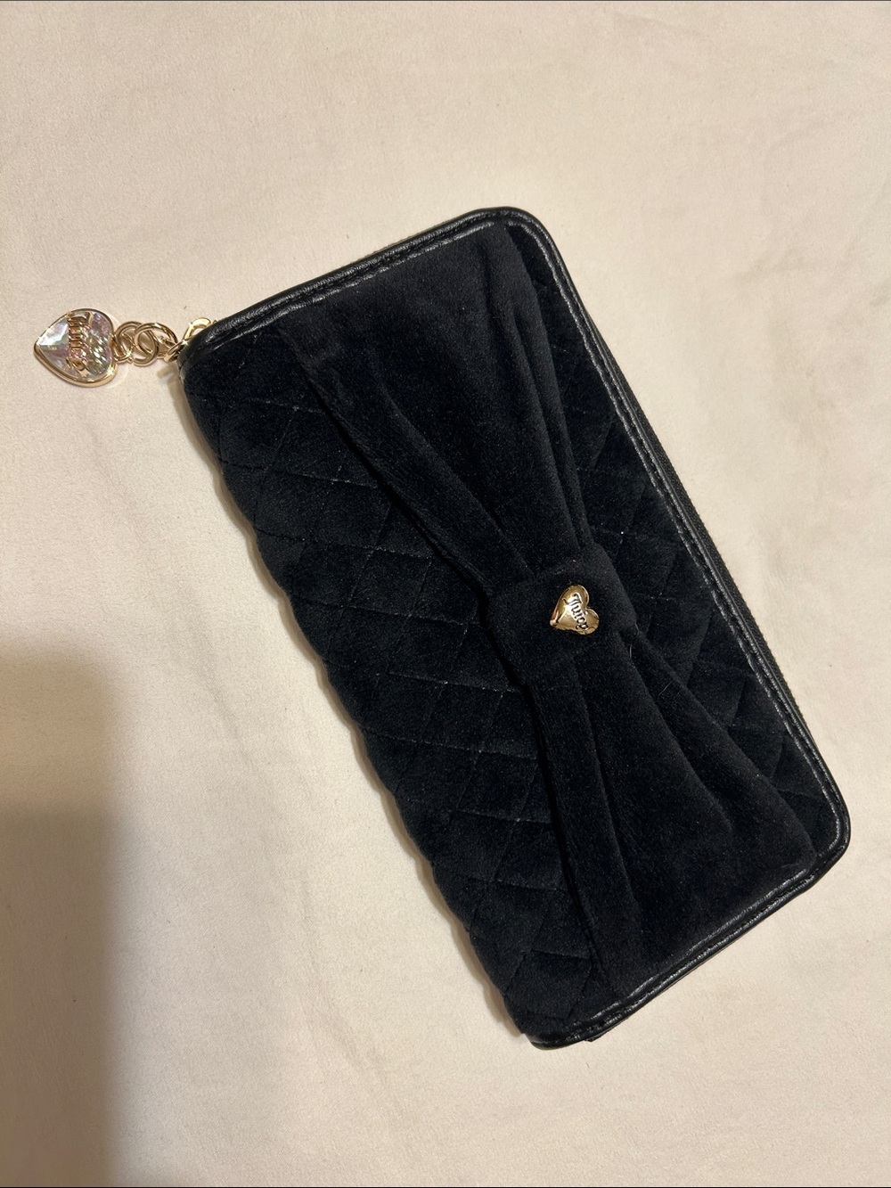 Juicy Couture Black Quilted Velvet Bow Zip Wallet with Gold Heart Charm